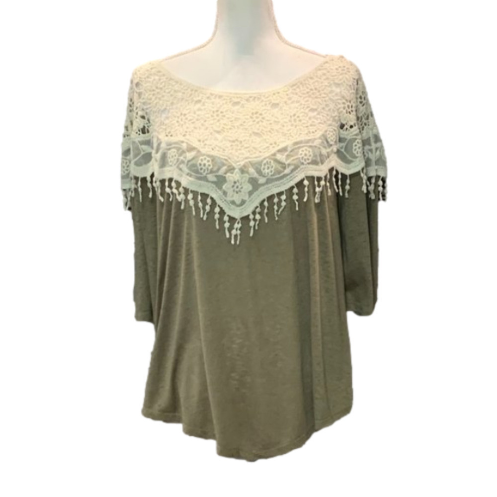 TASSELS N LACE Olive Green Crochet Top